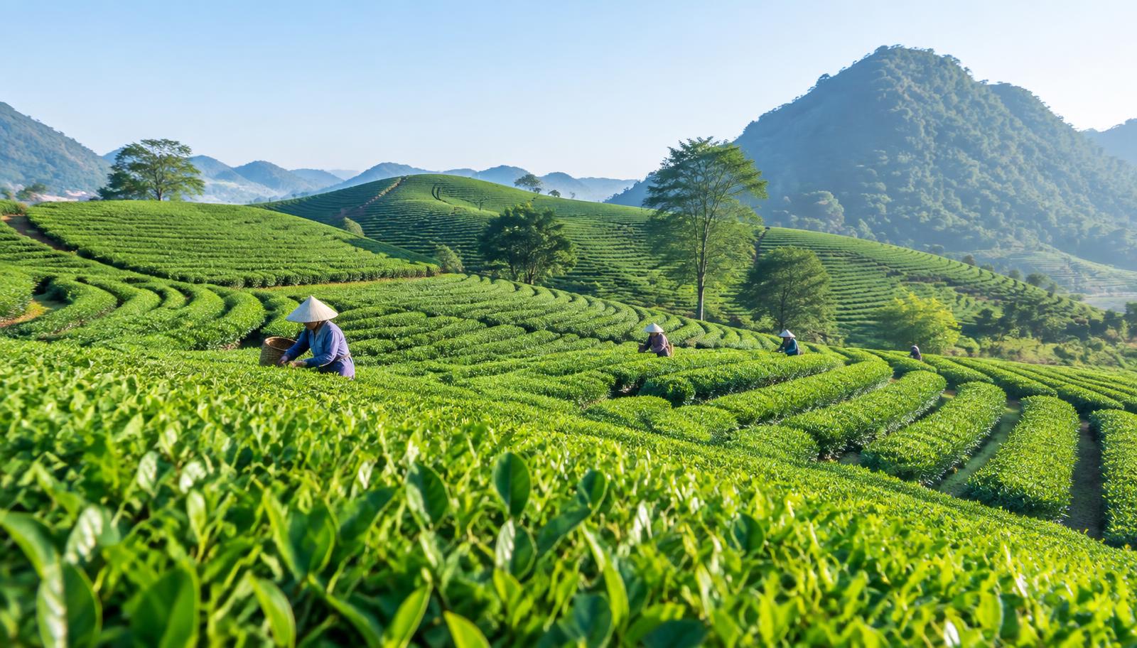 Vùng chè Sơn La được giữ nguyên với lớp dữ liệu AI minh họa phía trên